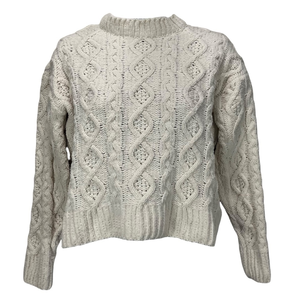 Poof Apparel Women’s Small‎ Cream Cropped Cable Knit Chenille Sweater
